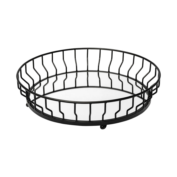 Helena 20L x 20W Black Metal Mirrored Bottom Round Serving Tray Decor Mercana
