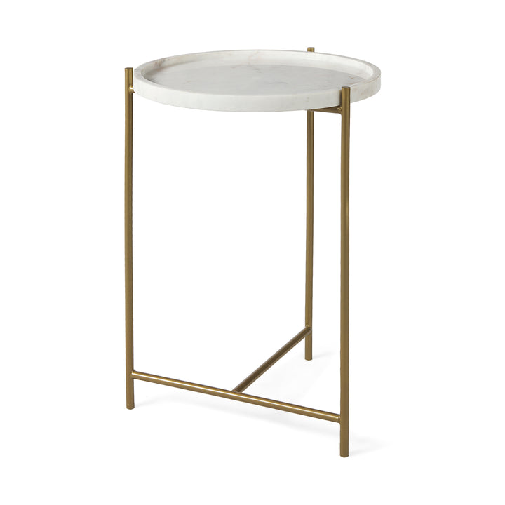 Stella 17L x 17W White Round Marble Top W/Gold Base Accent Table Dining Room Mercana
