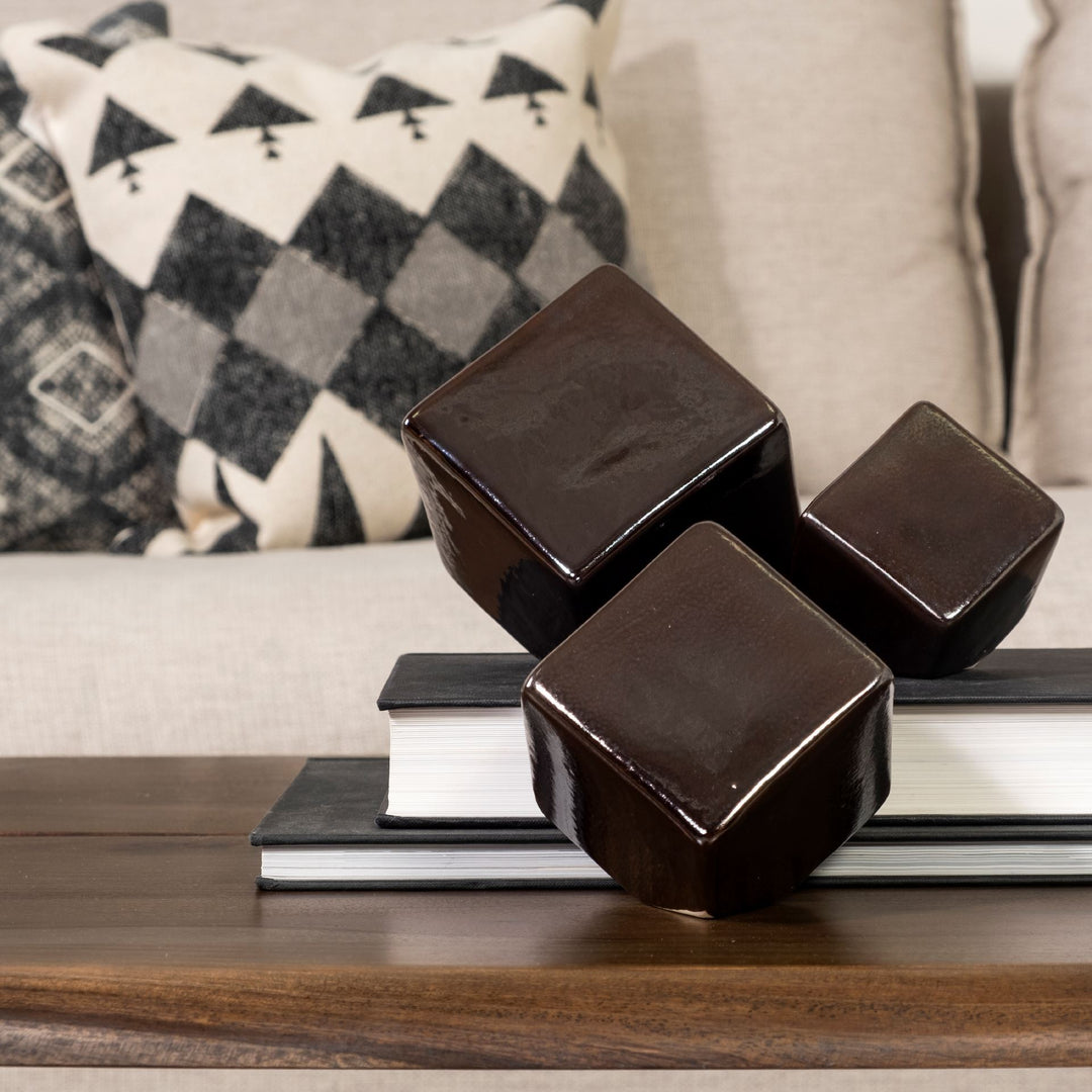 Mayweather (Set of 3) Black Geometric Ceramic Cubes Decor Mercana