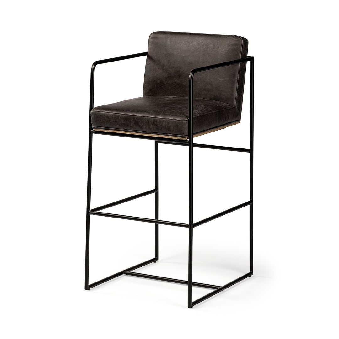 Stamford 40" Total Height Black Leather Seat w/ Wood Back, Metal Frame Bar Stool Dining Room Mercana