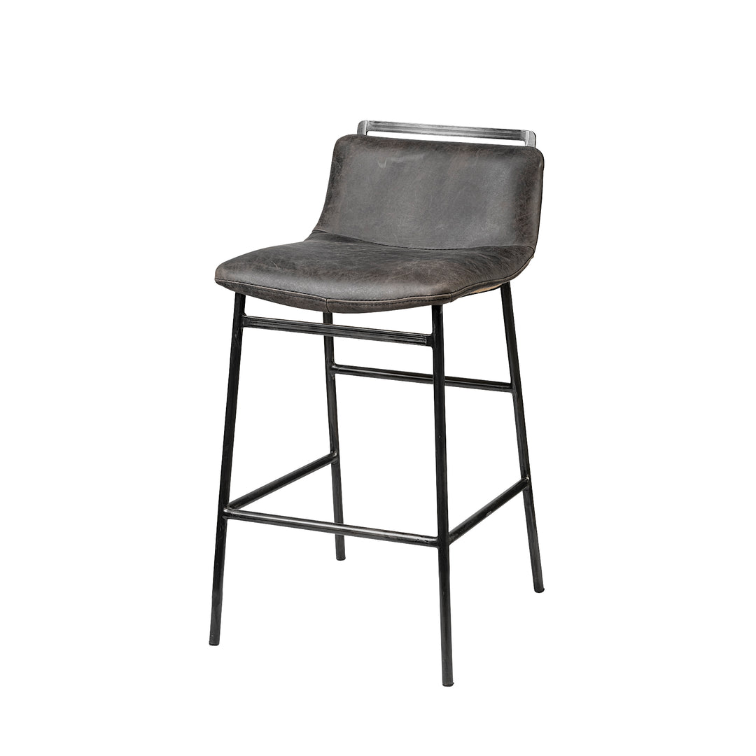 Kavalan 33.5" Total Height Ebony Leather Seat Black Metal Frame Counter Stool Dining Room Mercana