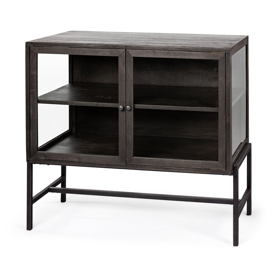 Arelius 36L x 18W Black-Brown Wood, Black Metal Base w/ 2 Glass Doors Accent Cabinet Decor Mercana