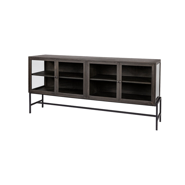Arelius Black-Brown Wood, Black Metal Base w/ 4 Glass Cabinet Doors Sideboard Dining Room Mercana