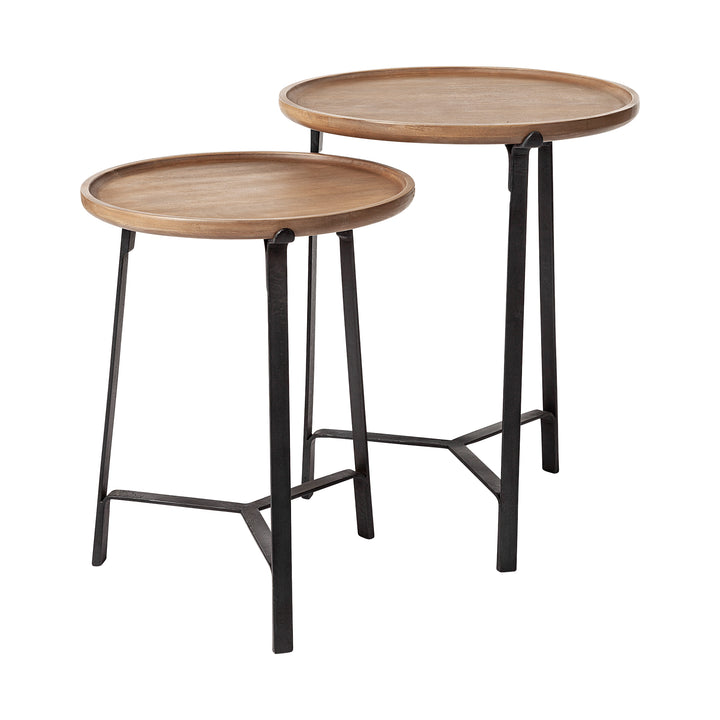 Helios III 20L x 24H Set of Two Round Brown Solid Wood Iron Base Nesting End/Side Tables Living Room Mercana