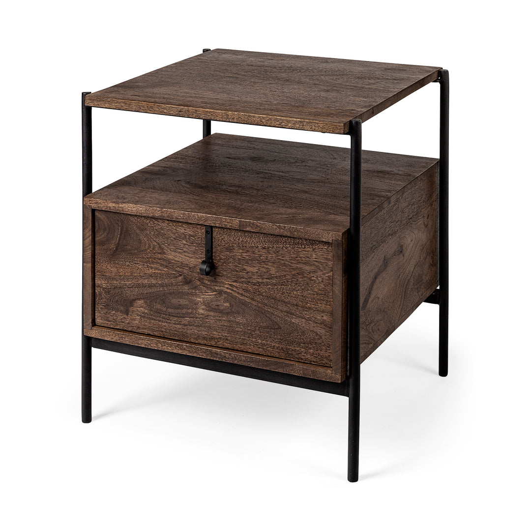 Glenn I Dark Brown Wood w/ Black Iron Frame Square End/Side Table Dining Room Mercana