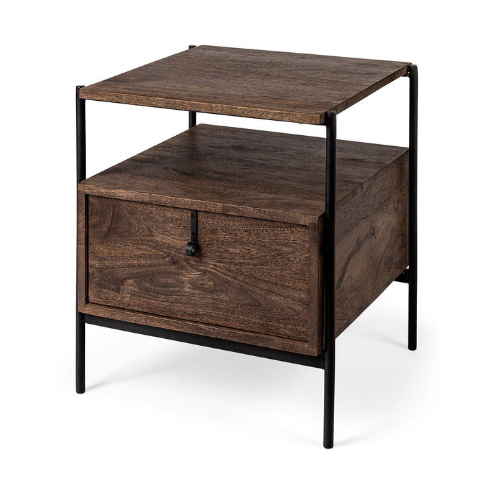 Glenn I Dark Brown Wood w/ Black Iron Frame Square End/Side Table Dining Room Mercana