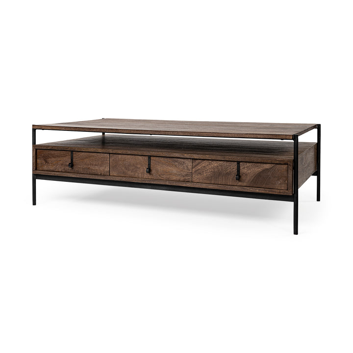 Glenn II 54x30 Dark Brown Wood w/ Black Iron Frame, Rectangle 3 Drawers Coffee Table Dining Room Mercana