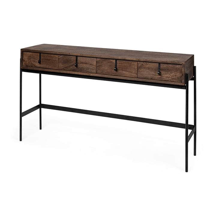 Glenn III 56L x 14W Dark Brown Wood w/ Black Iron Frame, 4 Drawer Console Table Decor Mercana