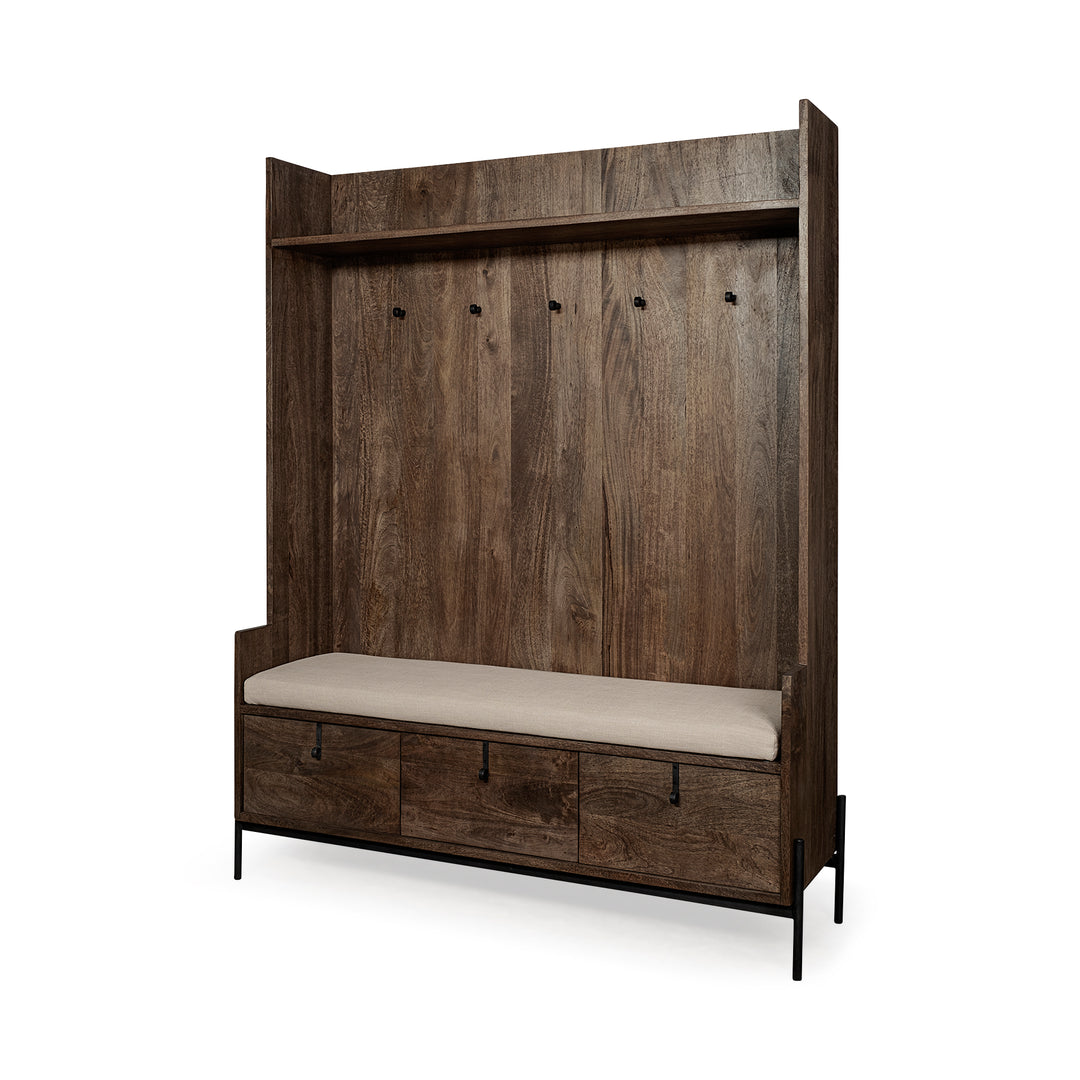 Glenn V 56L x 17W Dark Brown Wood w/ Cream Fabric Seat, 3 Drawers Hall Tree Decor Mercana
