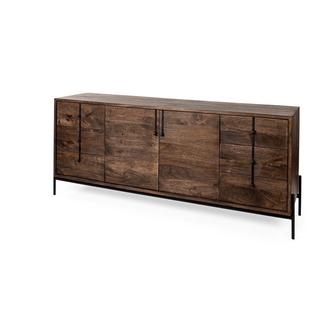 Glenn VI 71.5x18 Dark Brown Wood Frame w/ Black Iron Accent, 6 Drawer, 2 Door Cabinet Sideboard Bedroom Mercana