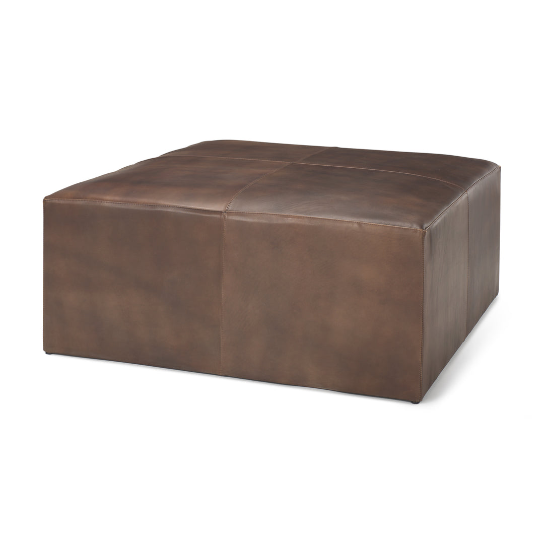 Minara 36" Square Brown Leather Wrapped w/Wood Base Ottoman Living Room Mercana