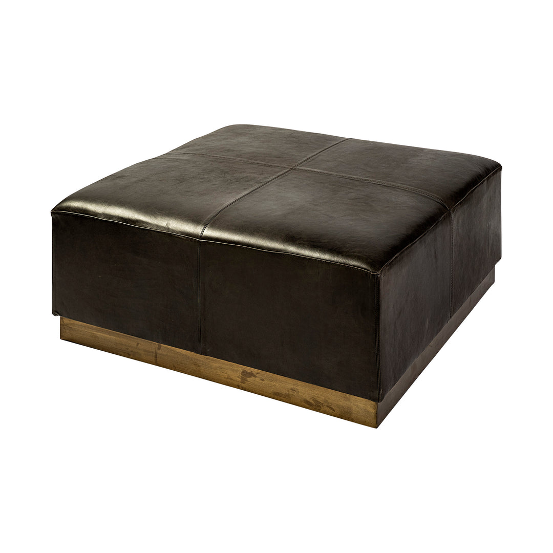 Minara 36" Square Black Leather Wrapped w/Metal Base Ottoman Living Room Mercana