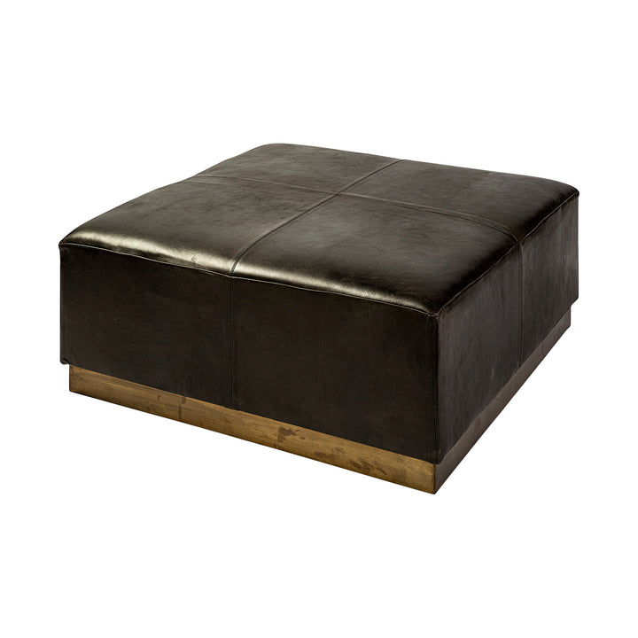 Minara 36" Square Black Leather Wrapped w/Metal Base Ottoman Living Room Mercana