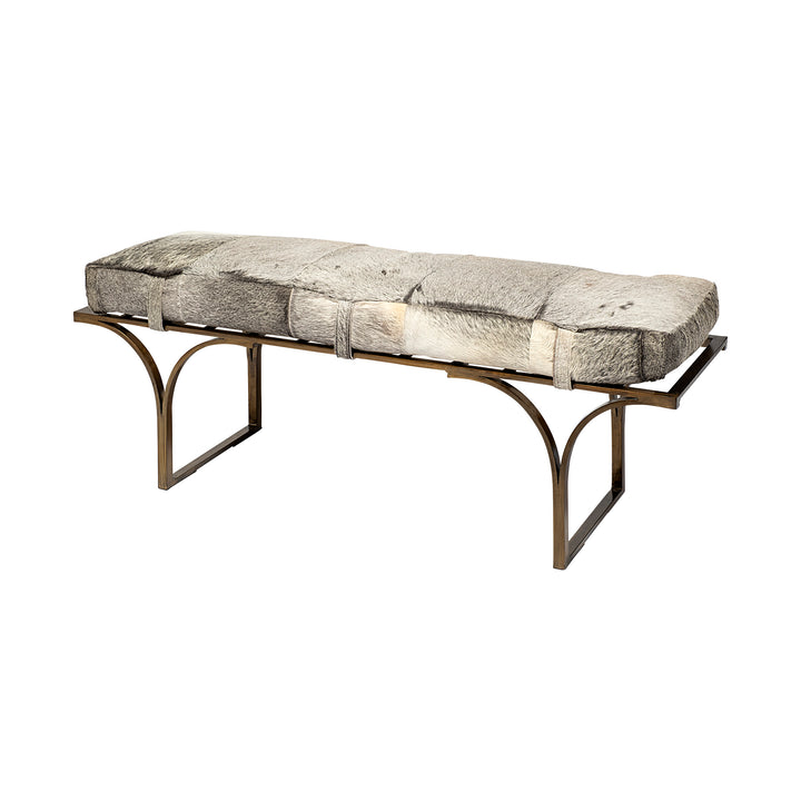 Jessie 55L x 16W White/Gray Hair-On-Hide Seat W/Gold Metal Base Accent Bench Living Room Mercana