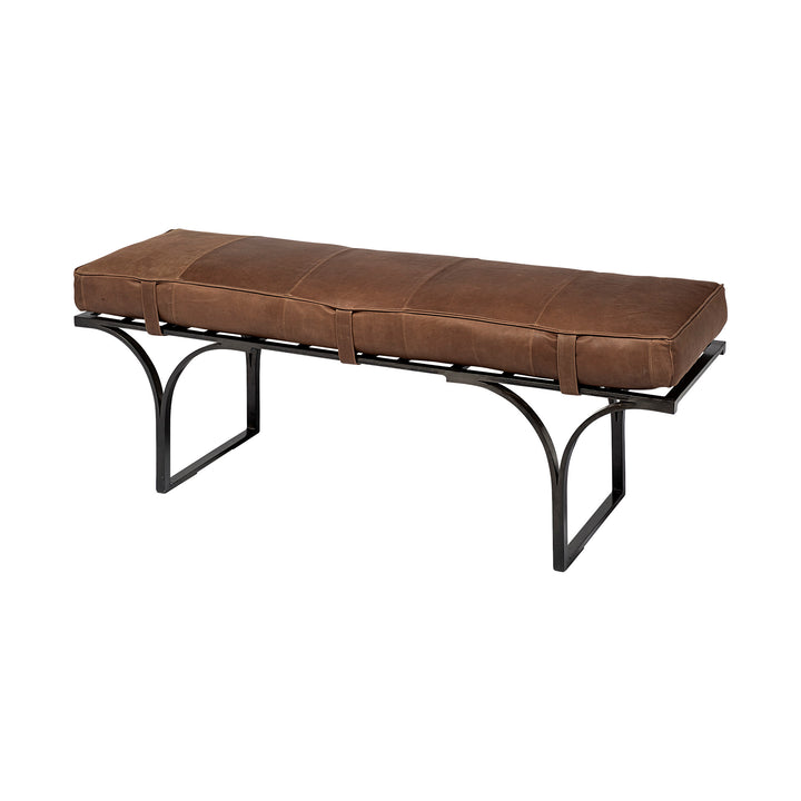 Jessie 55L x 16W Brown Leather Seat W/Black Metal Base Accent Bench Living Room Mercana