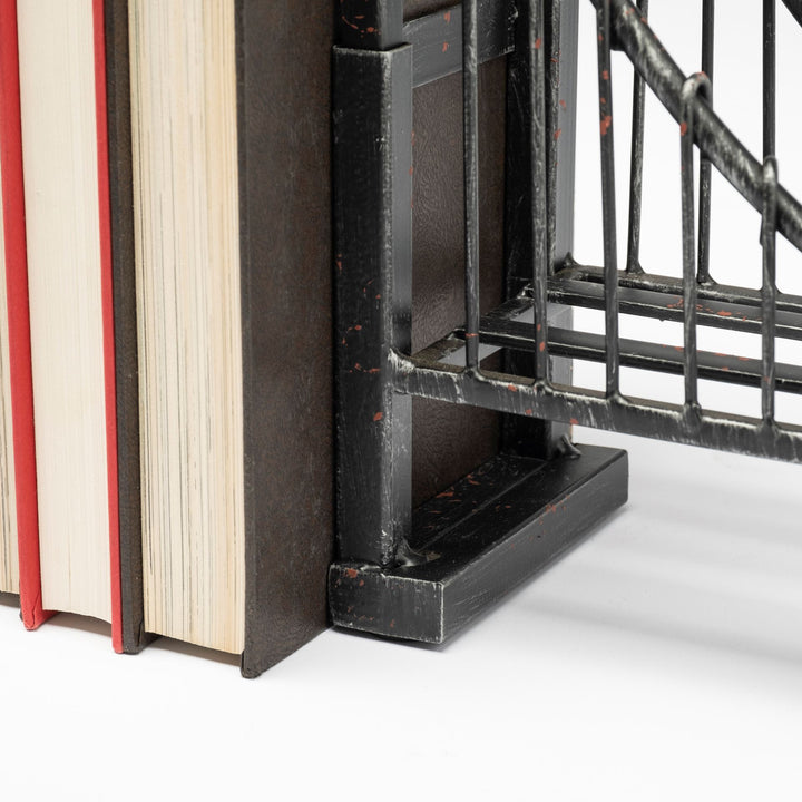 Suspension Set of 2 19L x 4W Brown Wrought Iron Suspension Bridge Bookends Decor Mercana