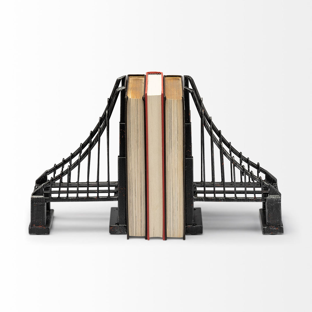 Suspension Set of 2 19L x 4W Brown Wrought Iron Suspension Bridge Bookends Decor Mercana