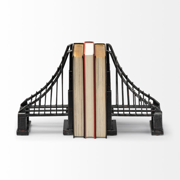 Suspension Set of 2 19L x 4W Brown Wrought Iron Suspension Bridge Bookends Decor Mercana