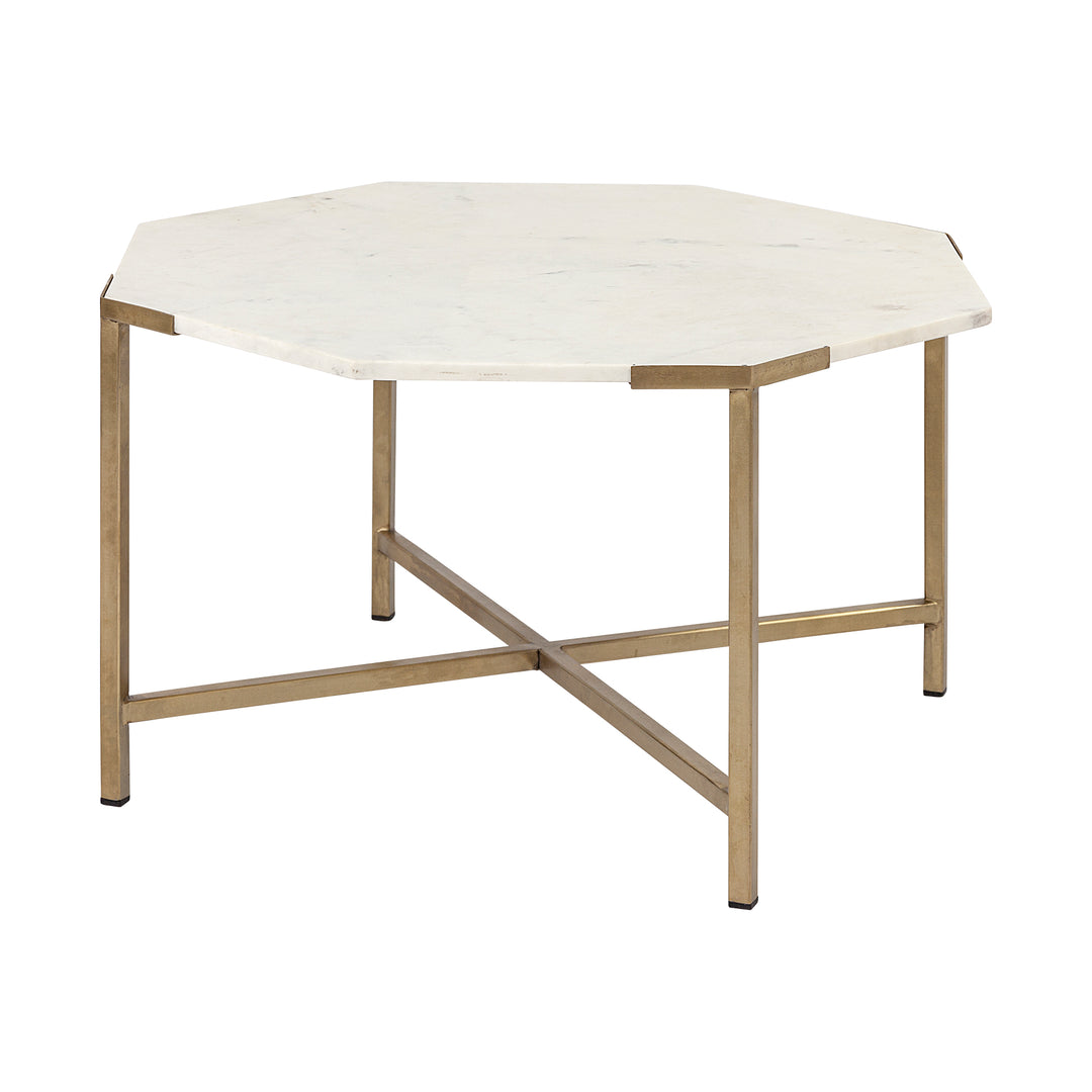 Vincent 33" Octagonal White Marble Tabletop w/ Gold Metal Base Coffee Table Living Room Mercana