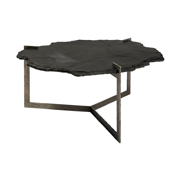Shale 37" Irregular Live-Edge Black Slate w/Flat Iron Base Coffee Table Living Room Mercana