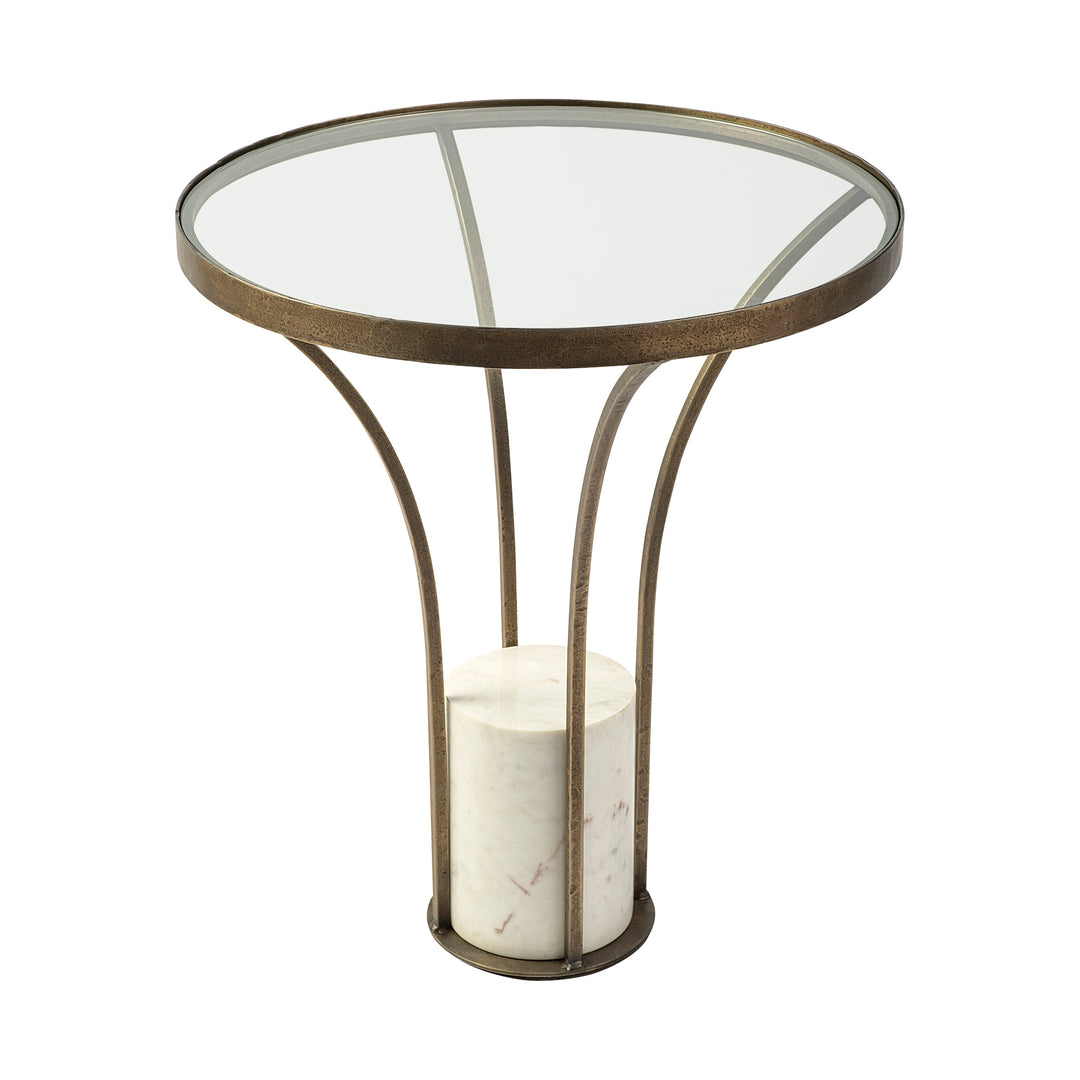 Jacinta II 21" Round Glass Top Metal and Marble Pedestal End/Side Table Living Room Mercana