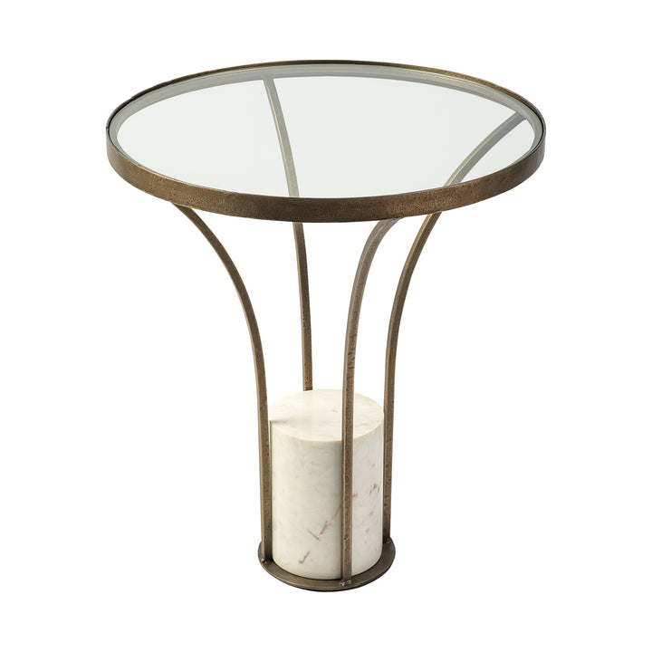 Jacinta II 21" Round Glass Top Metal and Marble Pedestal End/Side Table Living Room Mercana