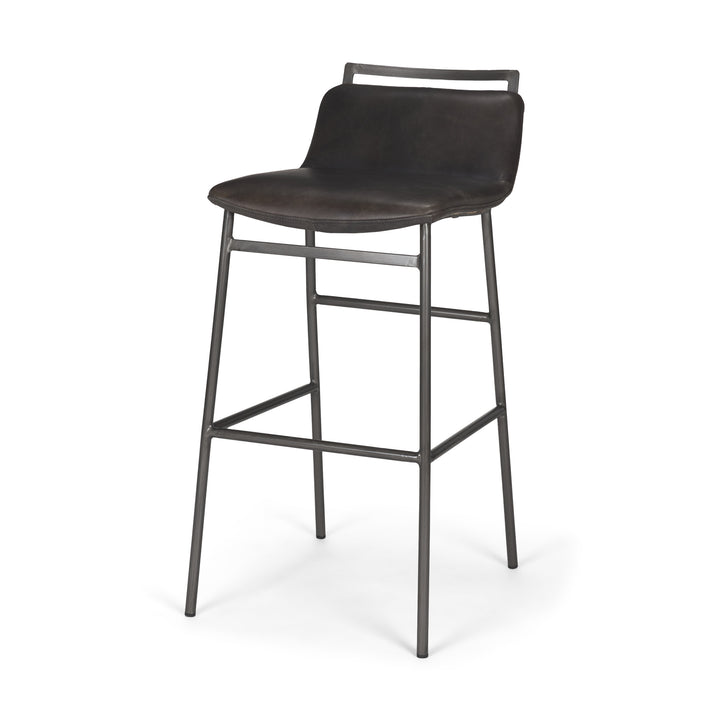 Kavalan 37.5" Total Height Ebony Leather Seat Black Metal Frame Bar Stool Dining Room Mercana