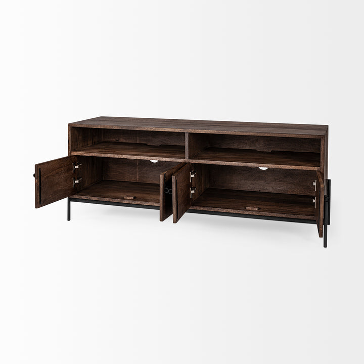 Glenn IV Dark Brown Wood w/ Black Iron Frame Media Console w/ Storage, TV Stand for TV up to 71" Bedroom Mercana