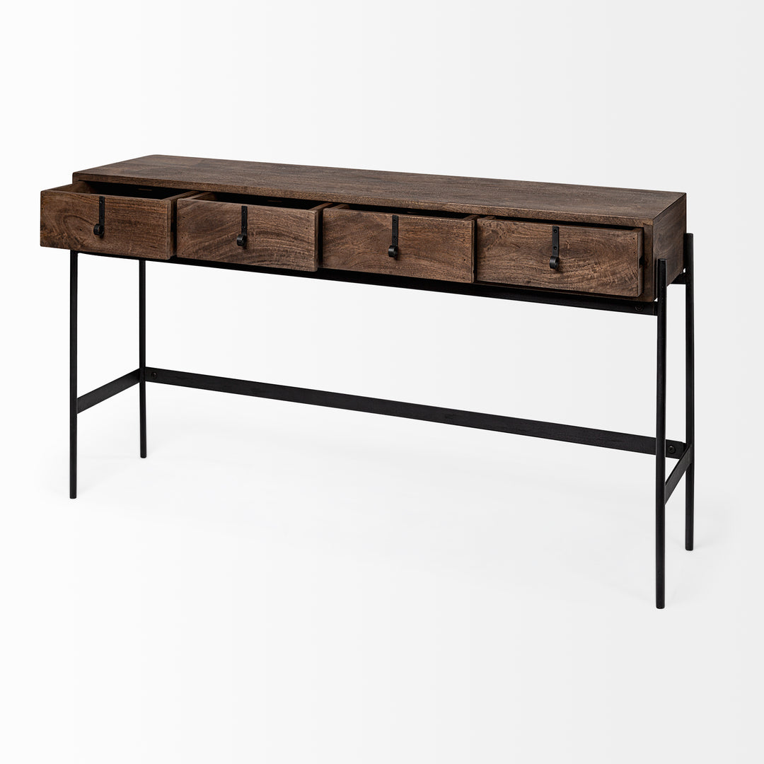 Glenn III 56L x 14W Dark Brown Wood w/ Black Iron Frame, 4 Drawer Console Table Decor Mercana