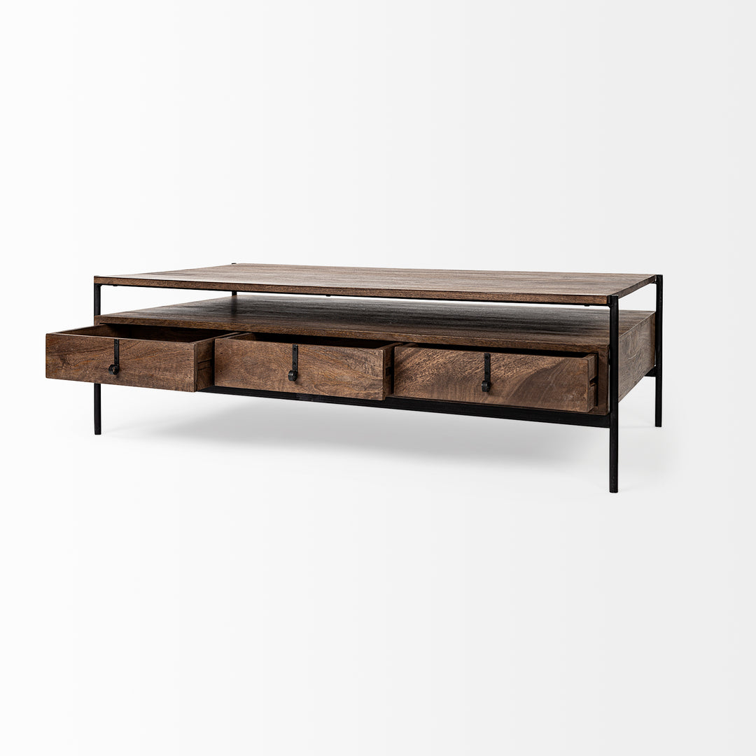 Glenn II 54x30 Dark Brown Wood w/ Black Iron Frame, Rectangle 3 Drawers Coffee Table Dining Room Mercana