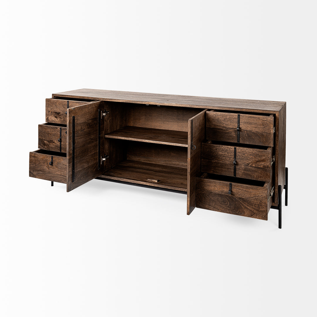 Glenn VI 71.5x18 Dark Brown Wood Frame w/ Black Iron Accent, 6 Drawer, 2 Door Cabinet Sideboard Bedroom Mercana