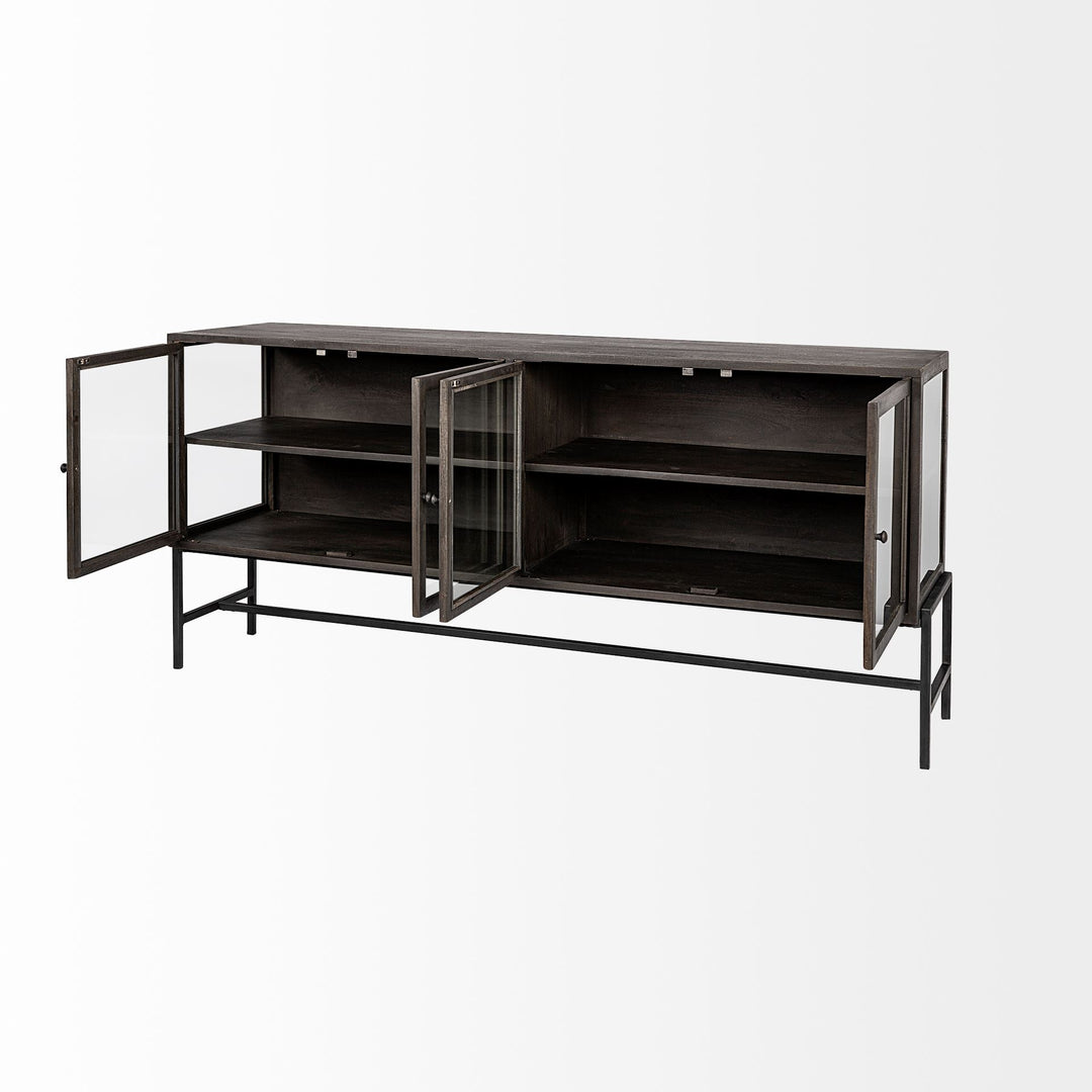 Arelius Black-Brown Wood, Black Metal Base w/ 4 Glass Cabinet Doors Sideboard Dining Room Mercana