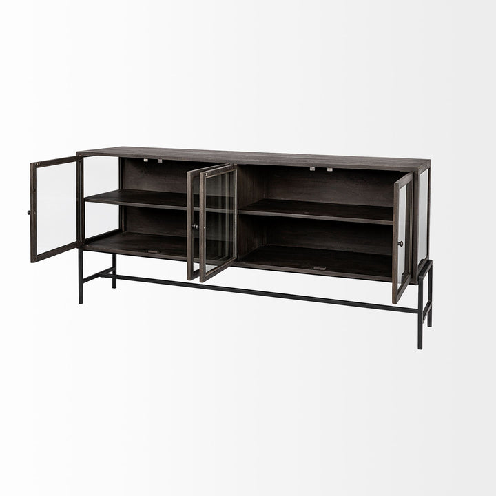 Arelius Black-Brown Wood, Black Metal Base w/ 4 Glass Cabinet Doors Sideboard Dining Room Mercana