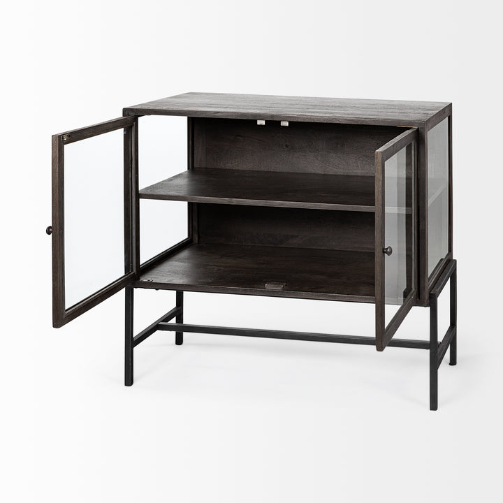 Arelius 36L x 18W Black-Brown Wood, Black Metal Base w/ 2 Glass Doors Accent Cabinet Decor Mercana