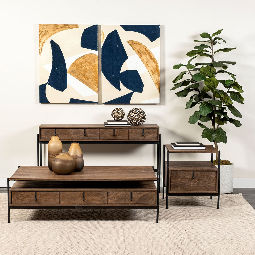 Glenn II 54x30 Dark Brown Wood w/ Black Iron Frame, Rectangle 3 Drawers Coffee Table Dining Room Mercana
