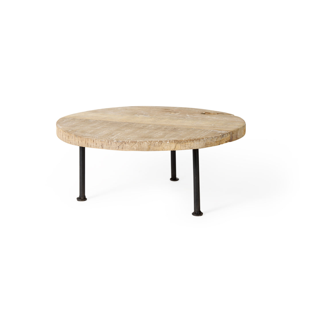 Cedric Round Light Brown Wood w/ Black Metal Legs Decorative Display Stand Decor Mercana