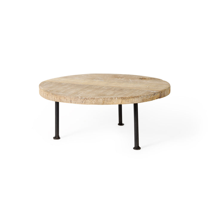 Cedric Round Light Brown Wood w/ Black Metal Legs Decorative Display Stand Decor Mercana