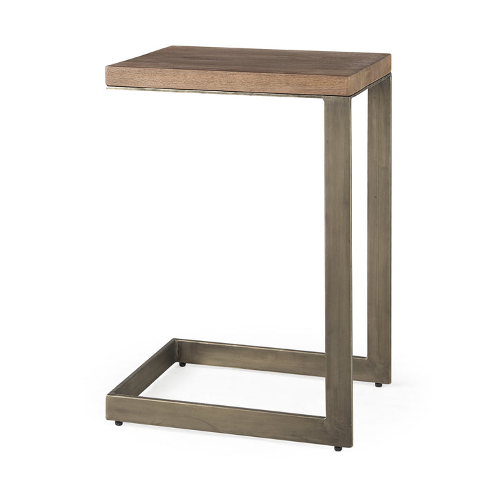Faye Medium Brown Wood W/ Antique Nickel Finished Metal Base C Side Table Living Room Mercana