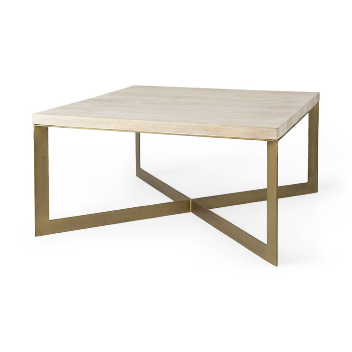 Faye Beige Finished Wood W/Gold Metal Base Square Coffee Table Living Room Mercana