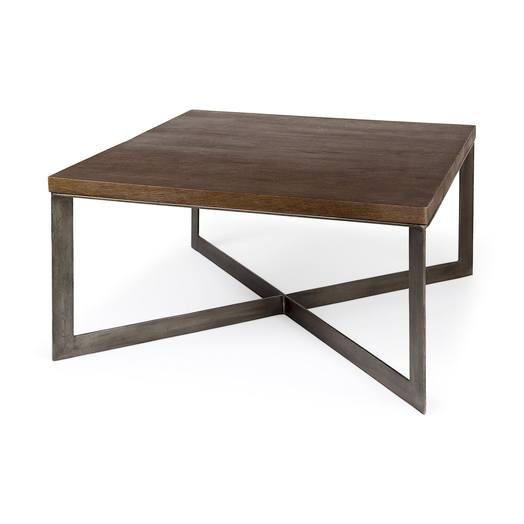 Faye Medium Brown Wood W/Antique Nickel Metal Base Square Coffee Table Living Room Mercana