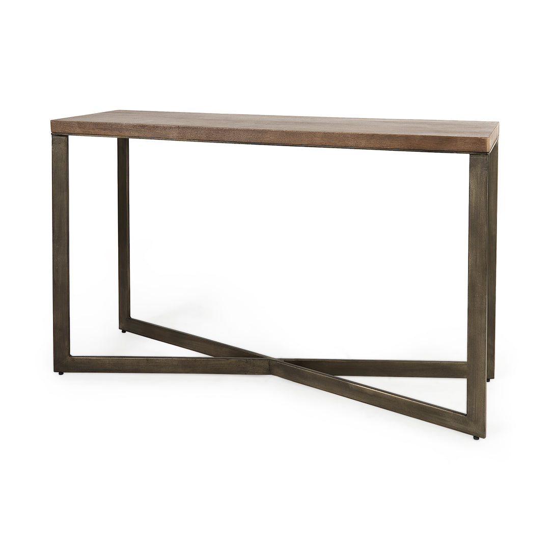 Faye Medium Brown Wood W/Antique Nickel Metal Base Console Table Dining Room Mercana