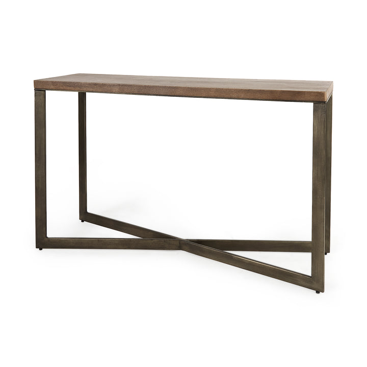 Faye Medium Brown Wood W/Antique Nickel Metal Base Console Table Dining Room Mercana
