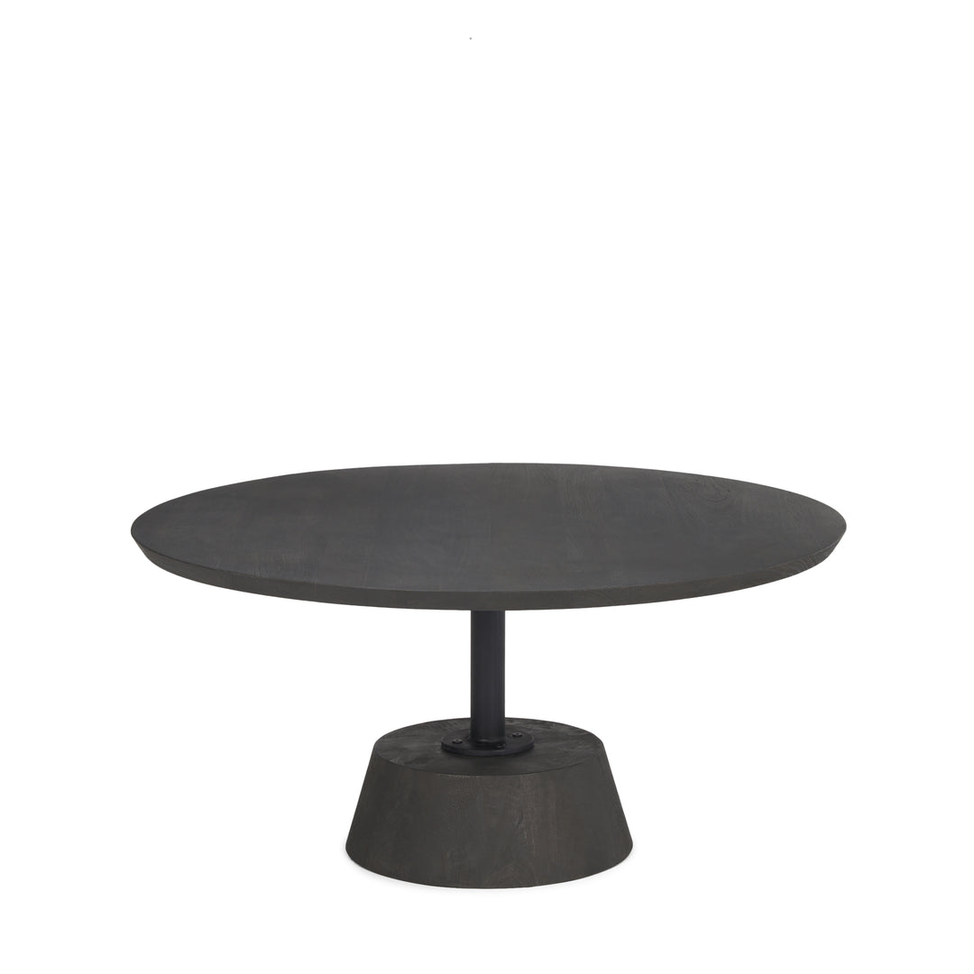 Maxwell Dark Brown Wood W/ Black Metal Pedestal Base Round Coffee Table Living Room Mercana