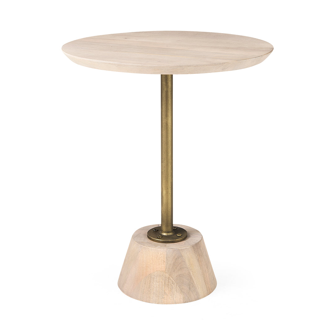 Maxwell 20" Round Light Brown Wood w/ Gold Metal Pedestal Side Table Living Room Mercana