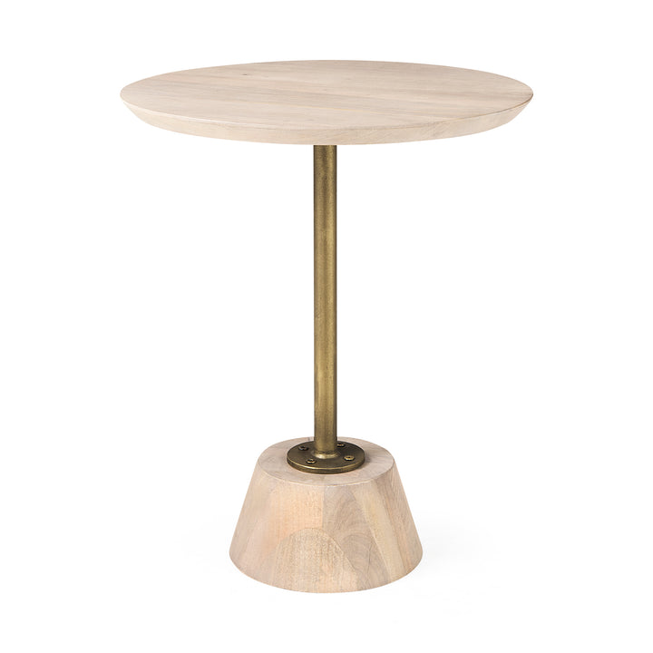 Maxwell 20" Round Light Brown Wood w/ Gold Metal Pedestal Side Table Living Room Mercana