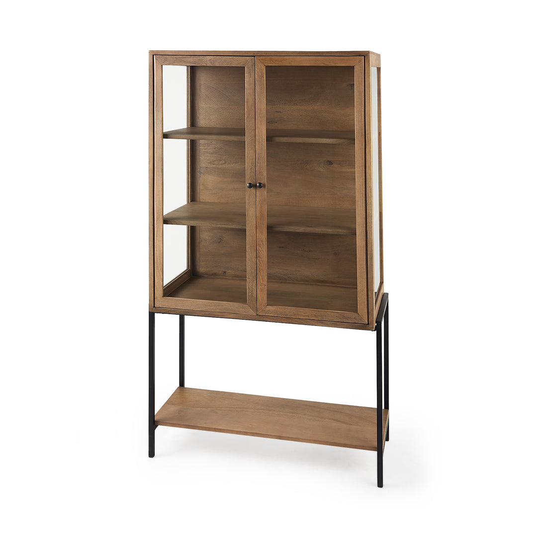 Arelius Light Brown Wood W/ Black Metal Base Display Cabinet Living Room Mercana