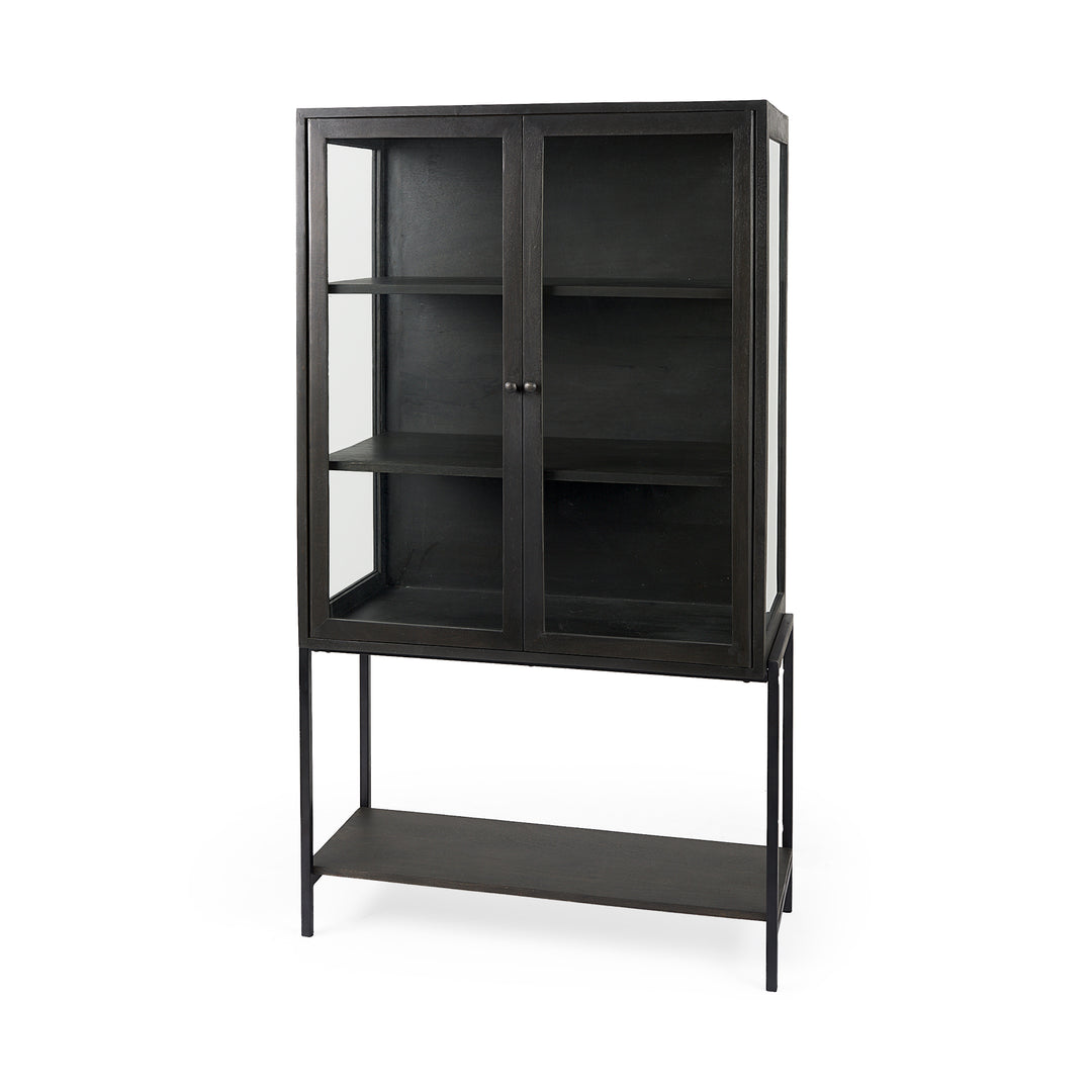 Arelius Black-Brown Wood W/ Black Metal Base Display Cabinet Living Room Mercana