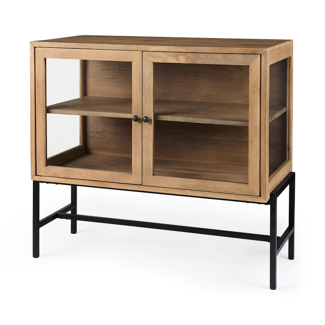 Arelius Light Brown Wood, Black Metal Base w/ 2 Glass Doors Accent Cabinet Decor Mercana
