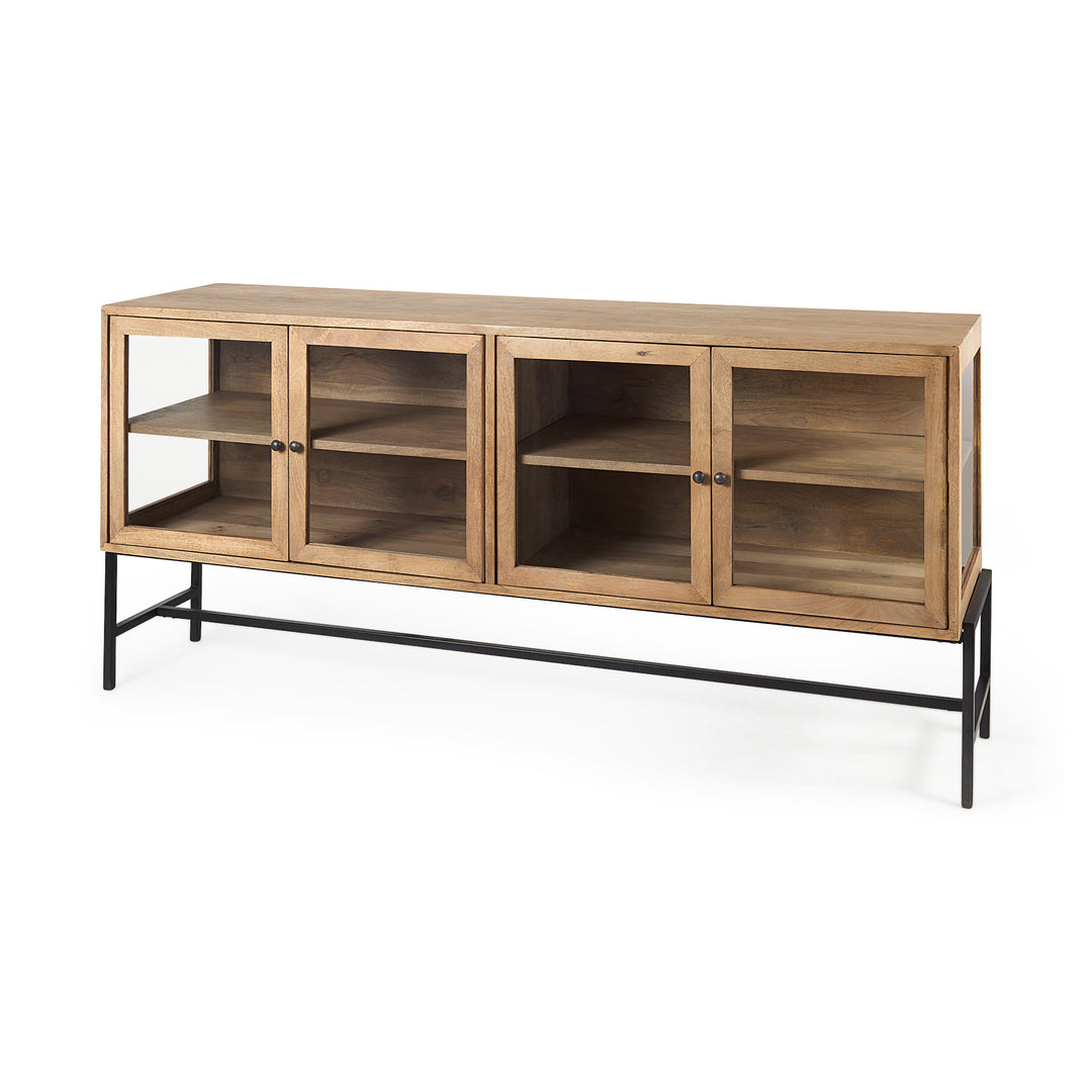 Arelius Light Brown Wood, Black Metal Base w/ 4 Glass Cabinet Doors Sideboard Dining Room Mercana