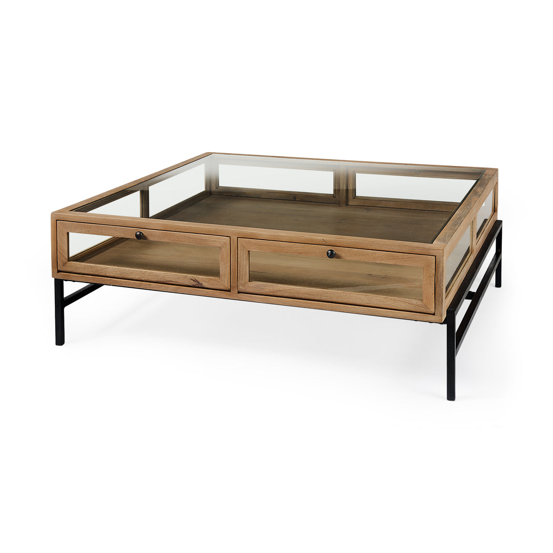 Arelius 42" Square Glass-Top Light Brown w/ Black Metal Base Display Coffee Table Living Room Mercana